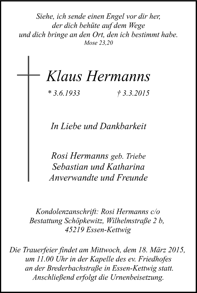 Traueranzeigen Von Klaus Hermanns Trauer In Nrw De