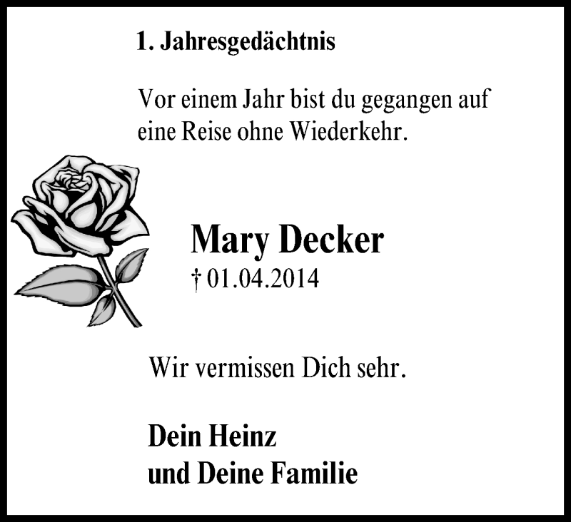 Traueranzeigen Von Mary Decker Trauer In NRW De