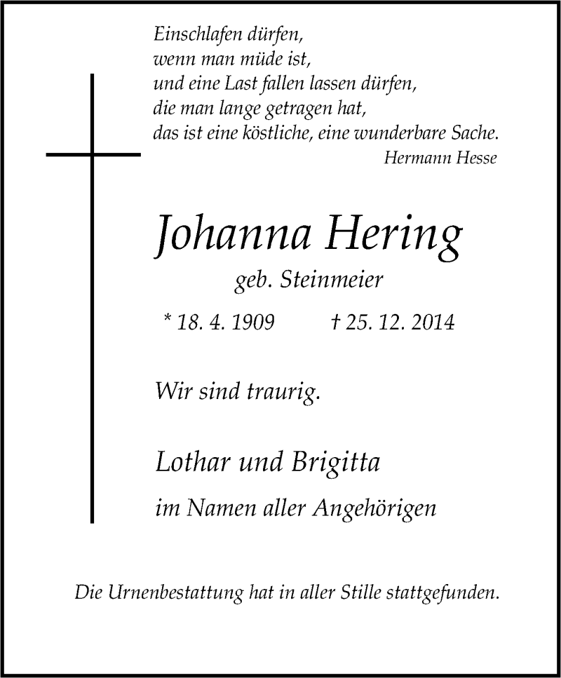 Traueranzeigen Von Johanna Hering Trauer In Nrw De