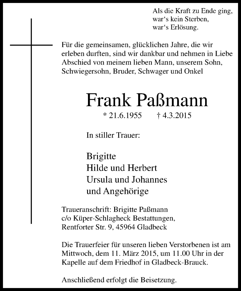 Traueranzeigen von Frank Paßmann Trauer in NRW de