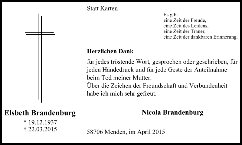 Traueranzeigen Von Elsbeth Brandenburg Trauer In NRW De