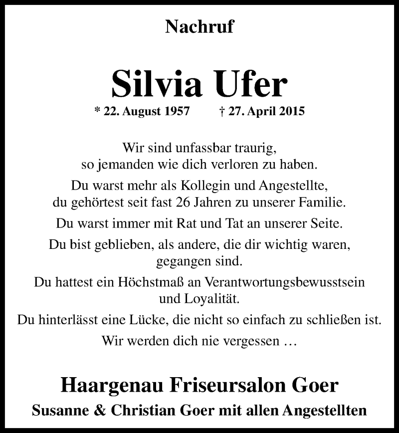 Traueranzeigen Von Silvia Ufer Trauer In NRW De