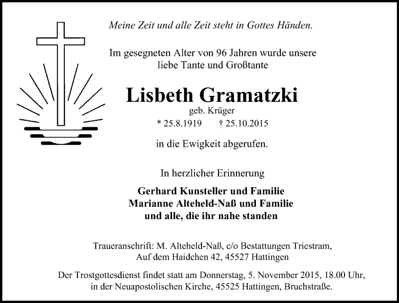 Traueranzeigen Von Lisbeth Gramatzki Trauer In Nrw De