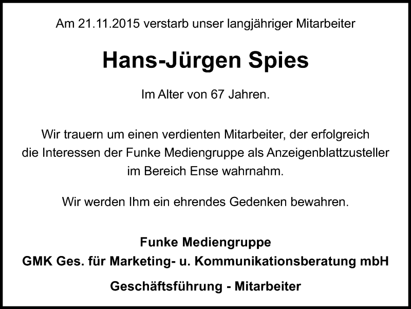 Traueranzeigen Von Hans J Rgen Spies Trauer In Nrw De