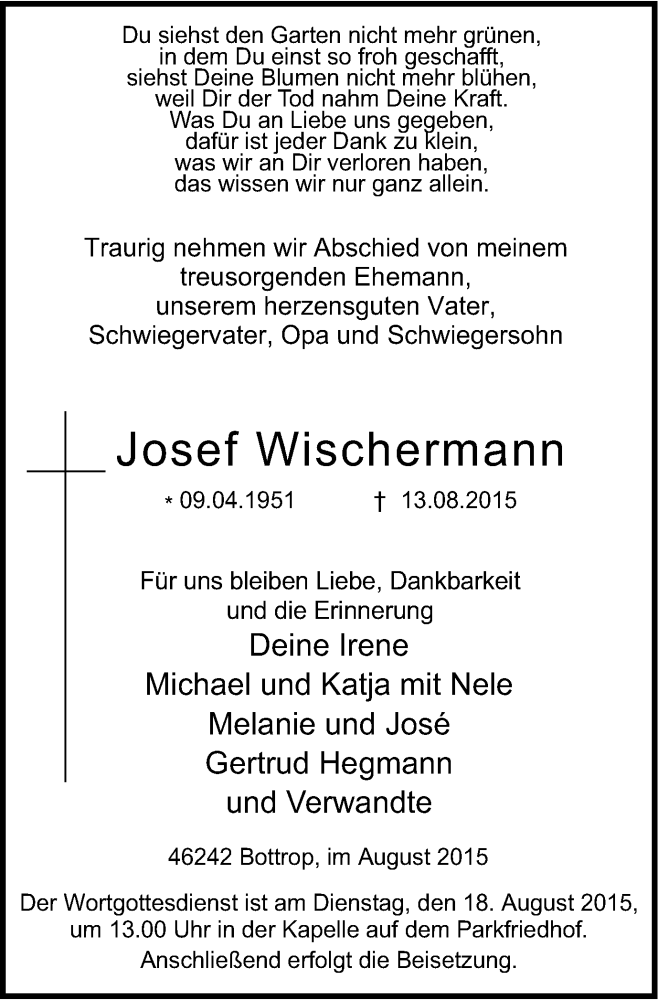 Traueranzeigen Von Josef Wischermann Trauer In NRW De