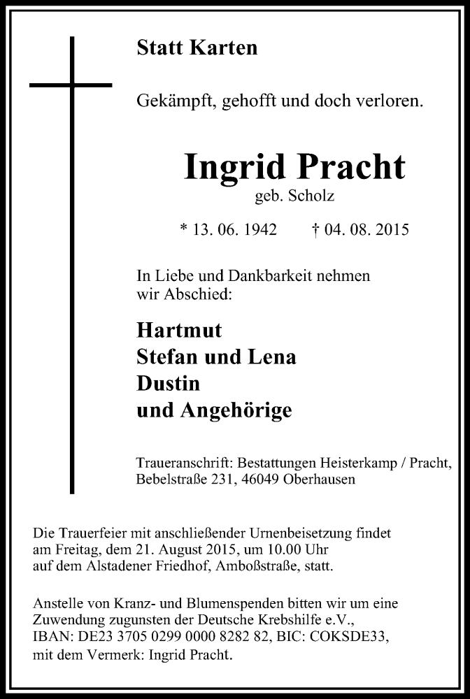 Traueranzeigen Von Ingrid Pracht Trauer In NRW De