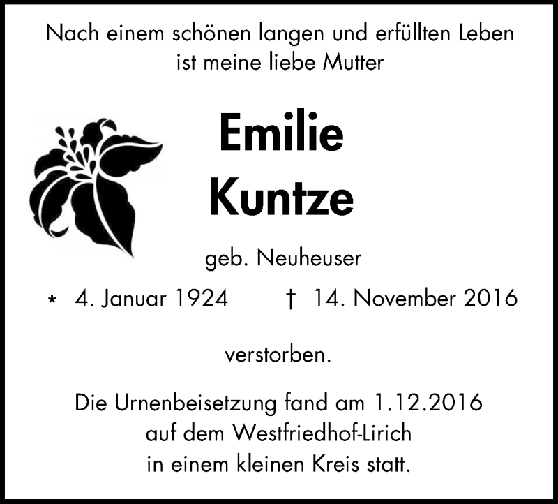 Traueranzeigen Von Emilie Kuntze Trauer In NRW De