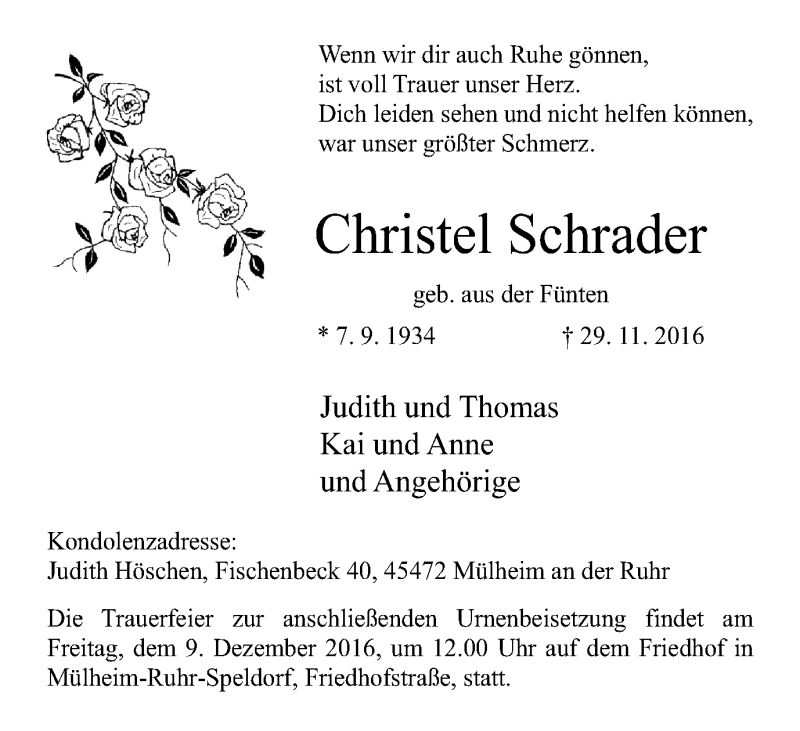 Traueranzeigen Von Christel Schrader Trauer In Nrw De