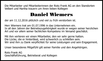 Traueranzeigen Von Daniel Wiemers Trauer In Nrw De