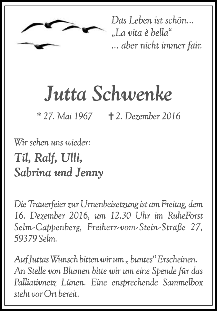 Traueranzeigen Von Jutta Schwenke Trauer In NRW De