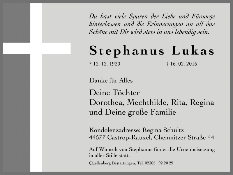 Traueranzeigen Von Stephanus Lukas Trauer In Nrw De