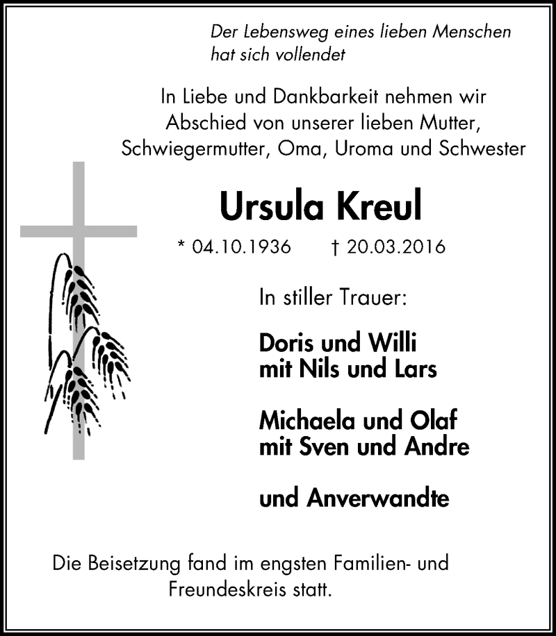 Traueranzeigen Von Ursula Kreul Trauer In Nrw De