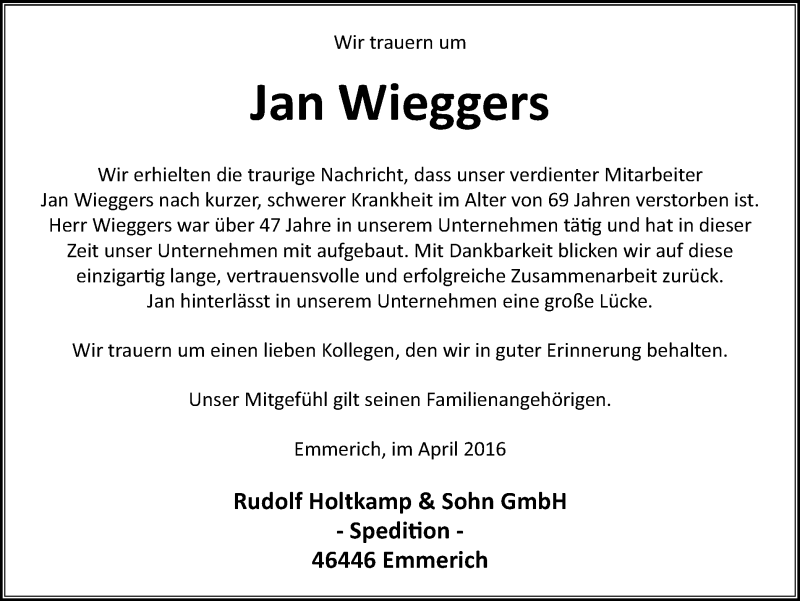 Traueranzeigen Von Jan Wieggers Trauer In Nrw De