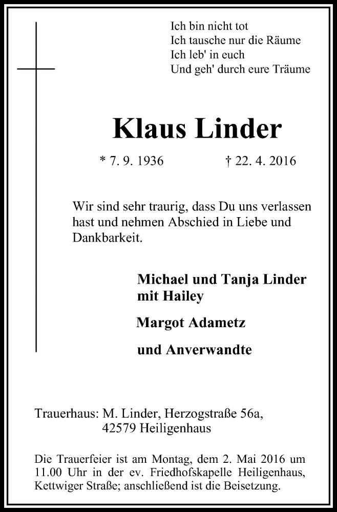 Traueranzeigen Von Klaus Linder Trauer In Nrw De