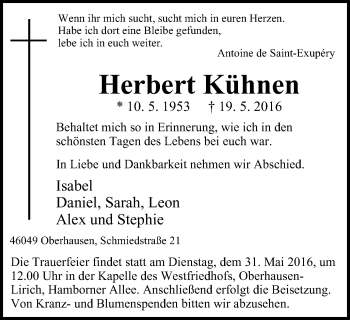 Traueranzeige von Herbert Kühnen von Wochen-Anzeiger Oberhausen