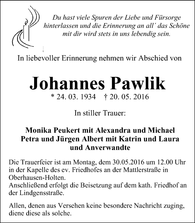 Traueranzeigen Von Johannes Pawlik Trauer In Nrw De