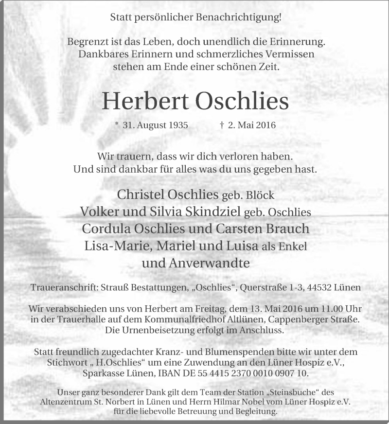 Traueranzeigen Von Herbert Oschlies Trauer In NRW De