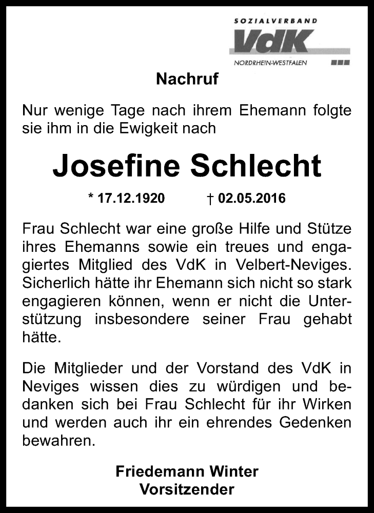 Traueranzeigen Von Josefine Schlecht Trauer In Nrw De