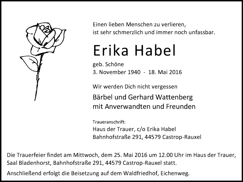 Traueranzeigen Von Erika Habel Trauer In Nrw De