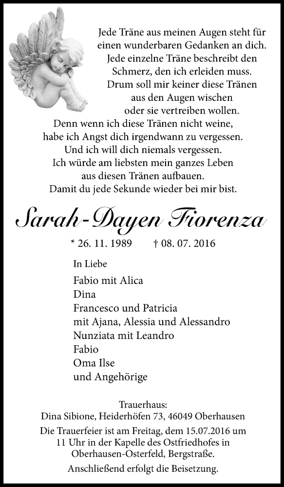 Traueranzeigen Von Sarah Dayen Fiorenza Trauer In NRW De