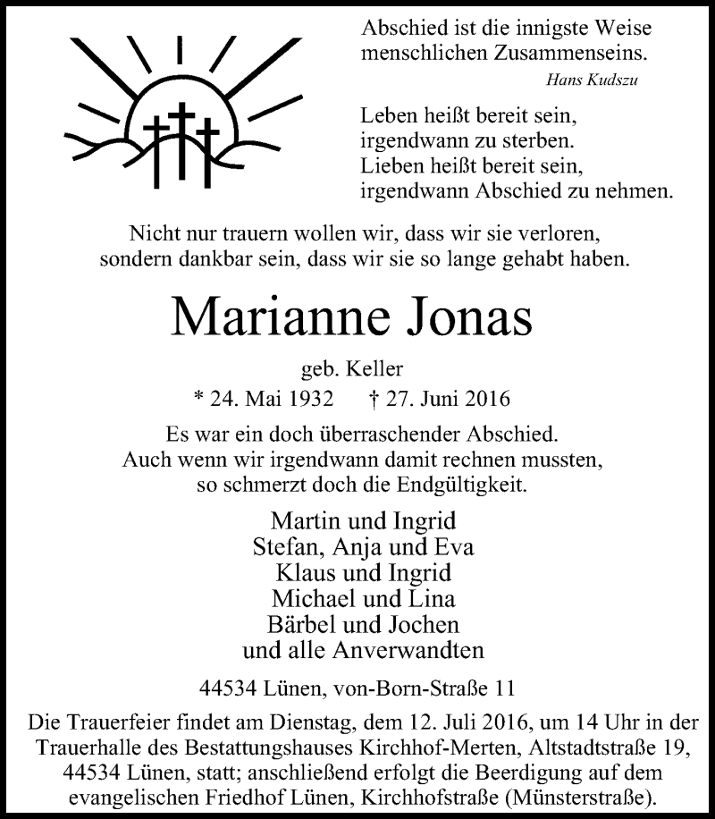 Traueranzeigen Von Marianne Jonas Trauer In Nrw De