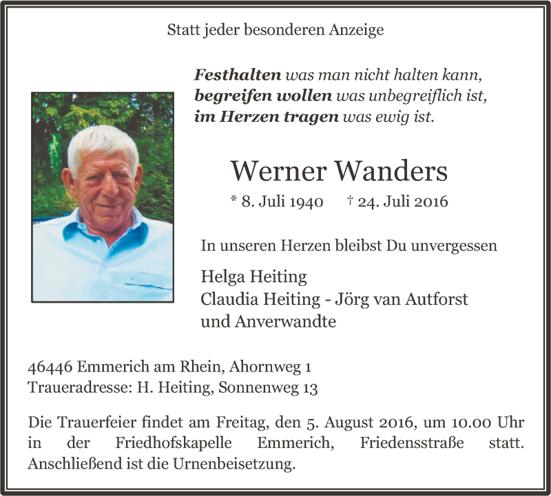 Traueranzeigen Von Werner Wanders Trauer In Nrw De