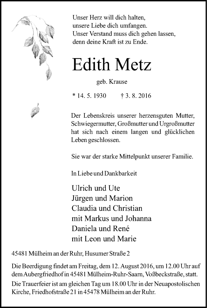 Traueranzeigen Von Edith Metz Trauer In NRW De