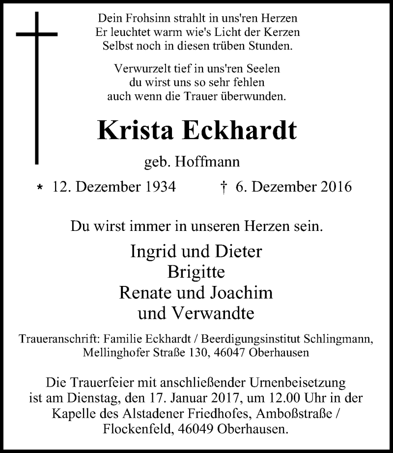 Traueranzeigen Von Krista Eckhardt Trauer In NRW De