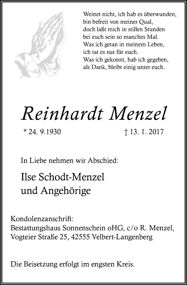 Traueranzeigen Von Reinhardt Menzel Trauer In NRW De