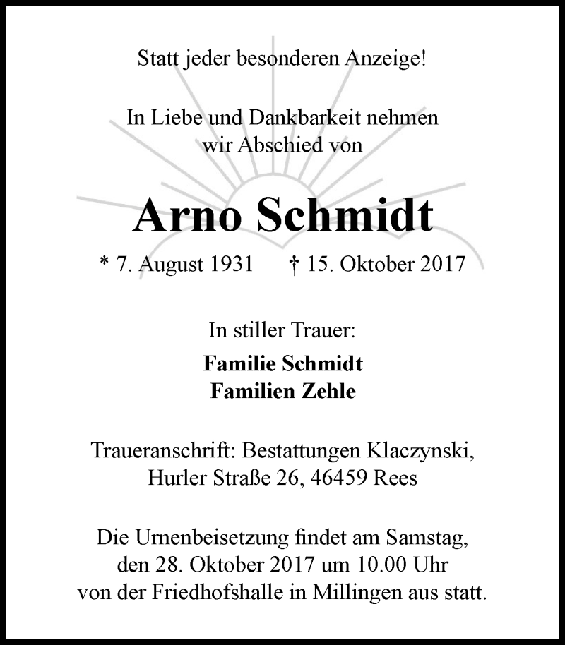 Traueranzeigen Von Arno Schmidt Trauer In Nrw De