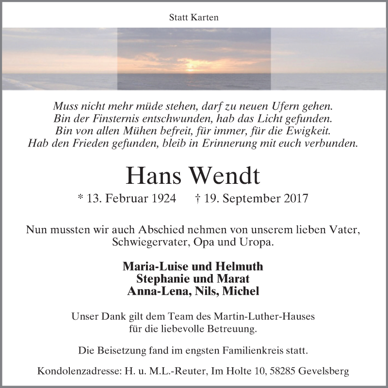 Traueranzeigen Von Hans Wendt Trauer In Nrw De