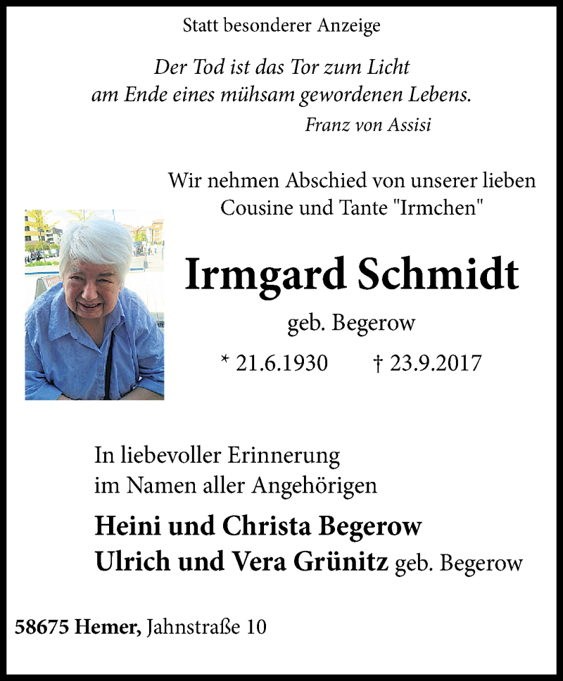 Traueranzeigen Von Irmgard Schmidt Trauer In NRW De