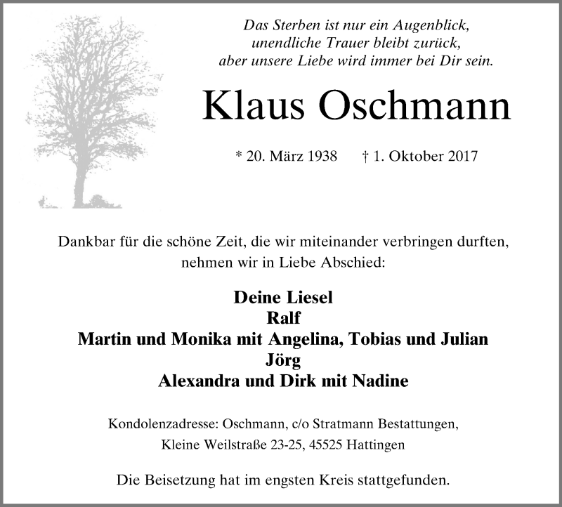 Traueranzeigen Von Klaus Oschmann Trauer In Nrw De