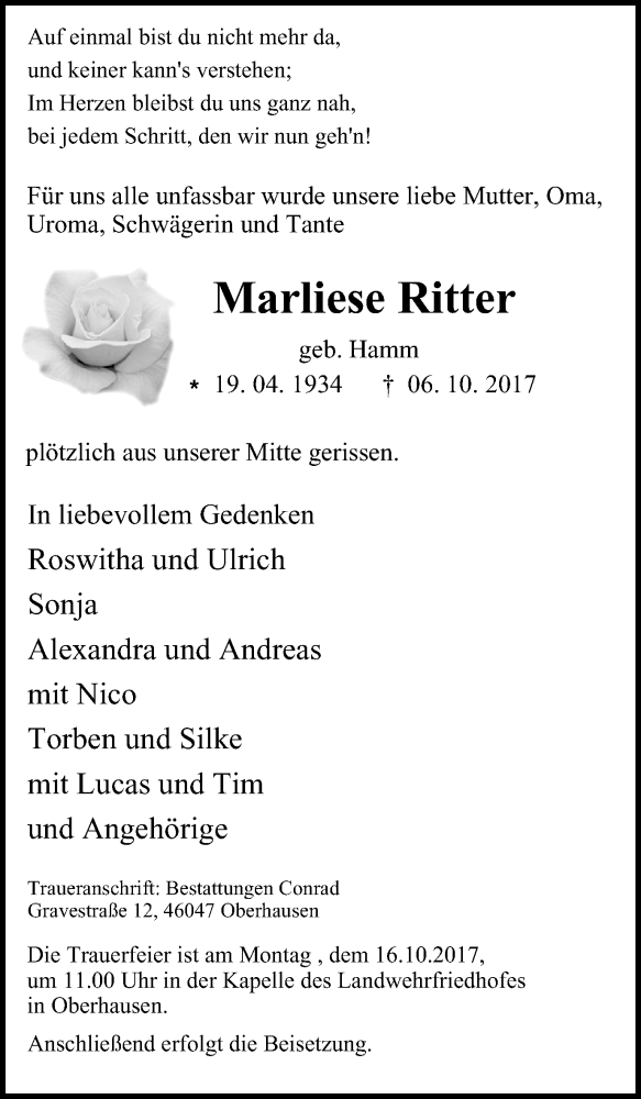 Traueranzeigen Von Marliese Ritter Trauer In Nrw De