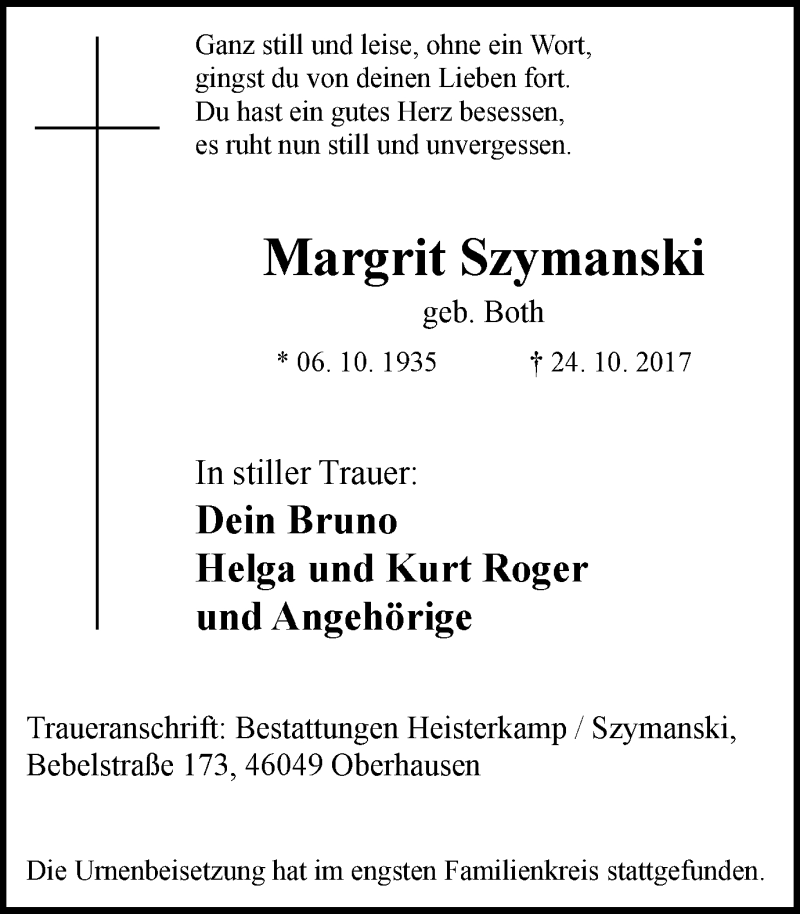 Traueranzeigen Von Margrit Szymanski Trauer In Nrw De