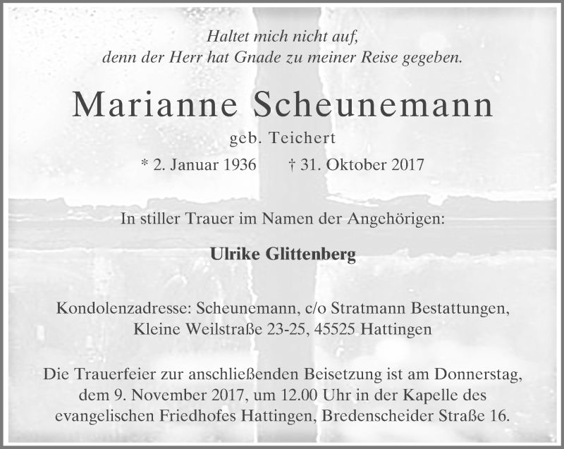 Traueranzeigen Von Marianne Scheunemann Trauer In Nrw De