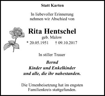 Traueranzeigen Von Rita Hentschel Trauer In Nrw De