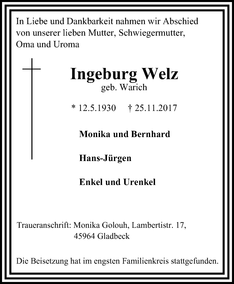 Traueranzeigen Von Ingeburg Welz Trauer In Nrw De