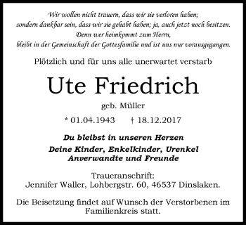 Traueranzeigen Von Ute Friedrich Trauer In NRW De