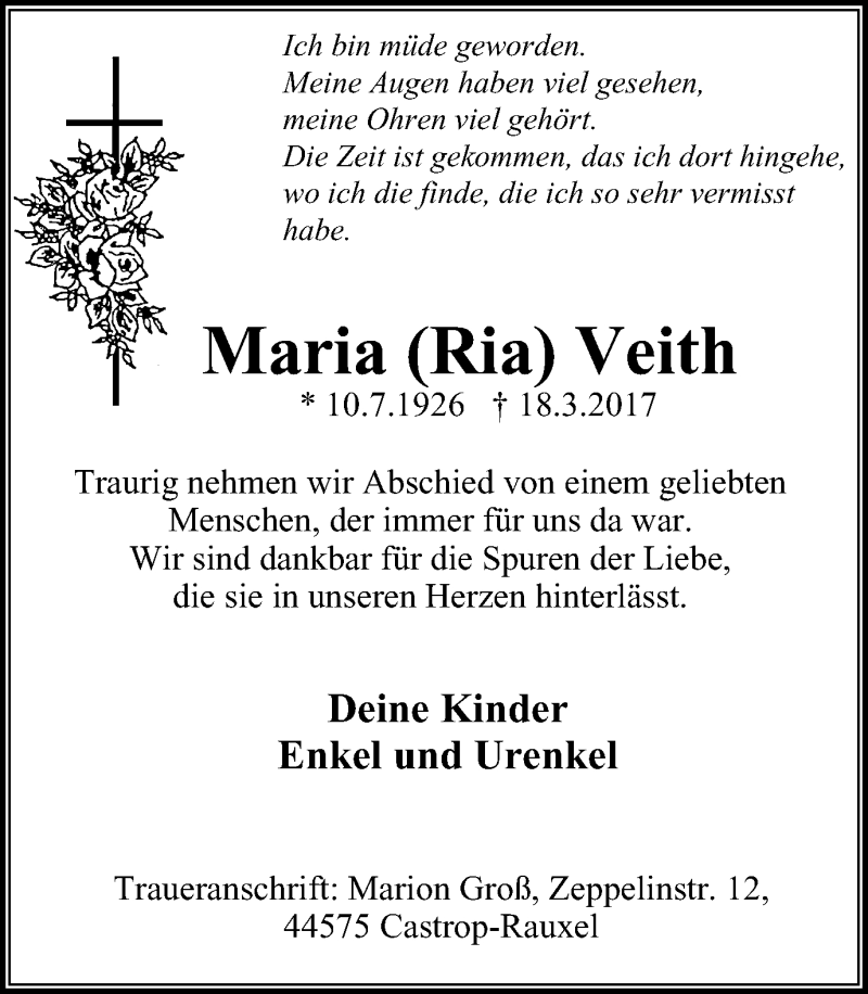 Traueranzeigen Von Maria Veith Trauer In Nrw De