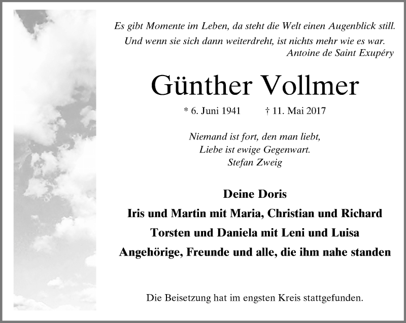 Traueranzeigen von Günther Vollmer Trauer in NRW de