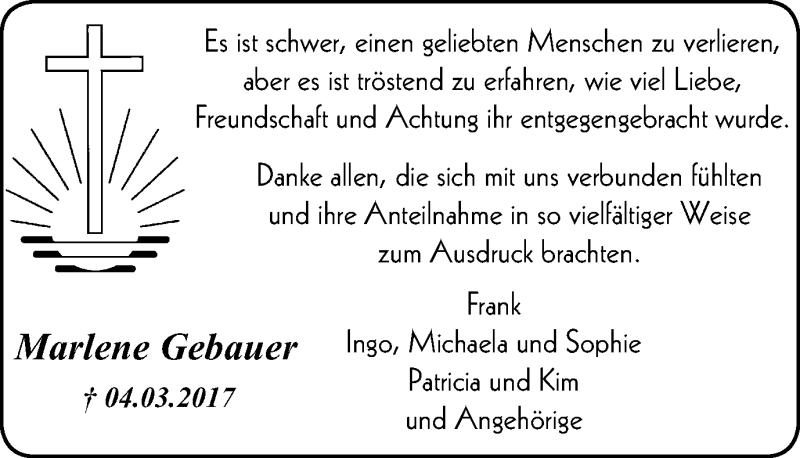 Traueranzeigen Von Marlene Gebauer Trauer In Nrw De