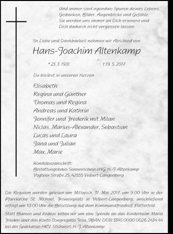 Traueranzeige von Hans-Joachim Altenkamp von Stadtanzeiger Velbert + Heiligenhaus