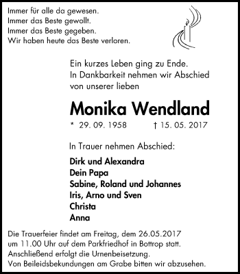 Traueranzeigen Von Monika Wendland Trauer In NRW De