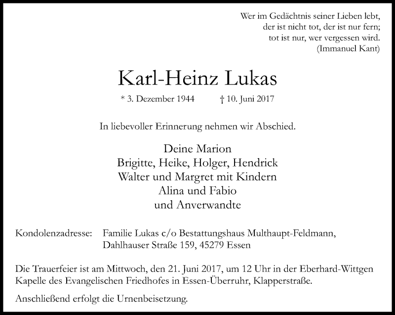 Traueranzeigen Von Karl Heinz Lukas Trauer In Nrw De