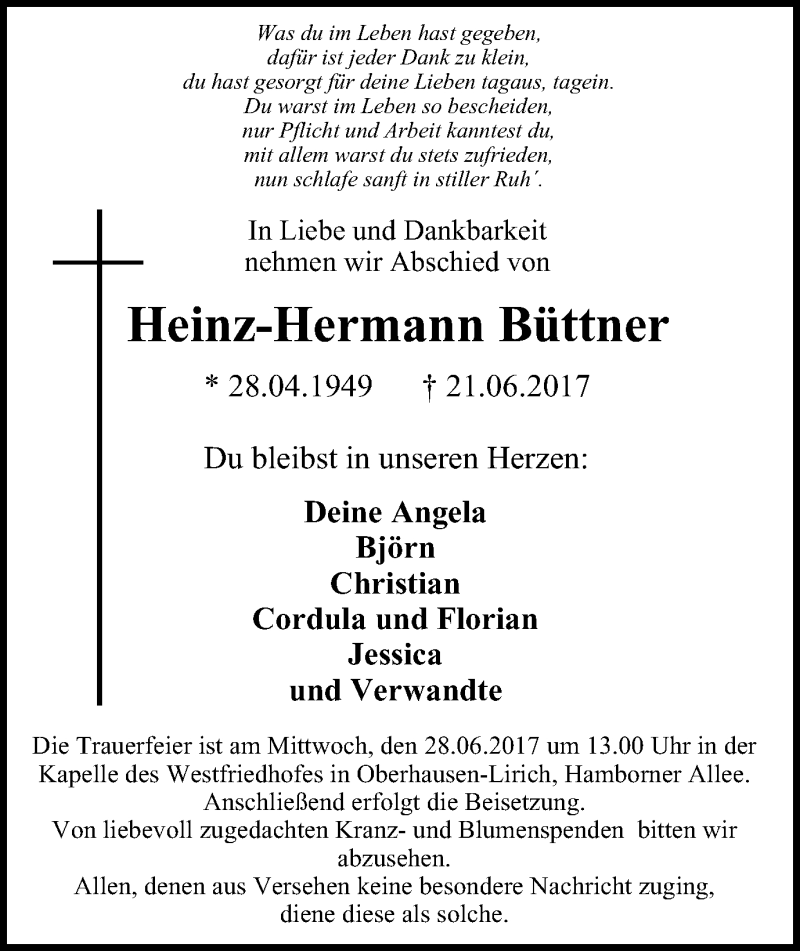 Traueranzeigen Von Heinz Hermann B Ttner Trauer In Nrw De