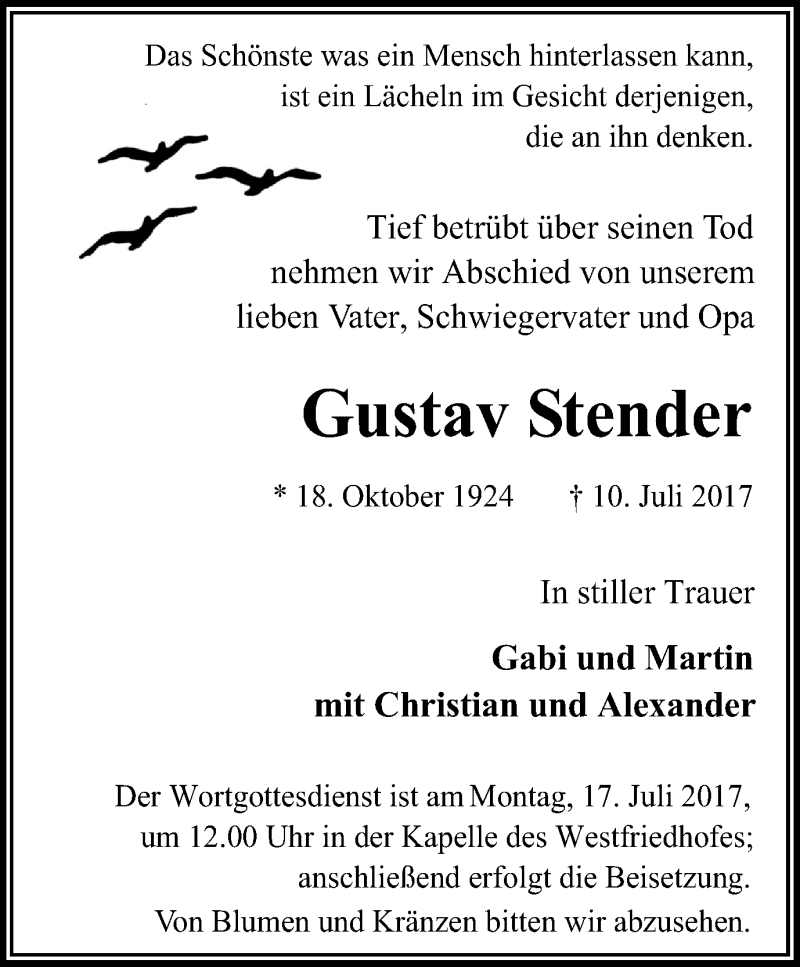 Traueranzeigen Von Gustav Stender Trauer In Nrw De