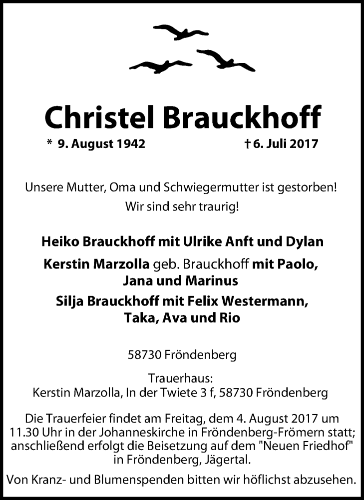 Traueranzeigen Von Christel Brauckhoff Trauer In Nrw De