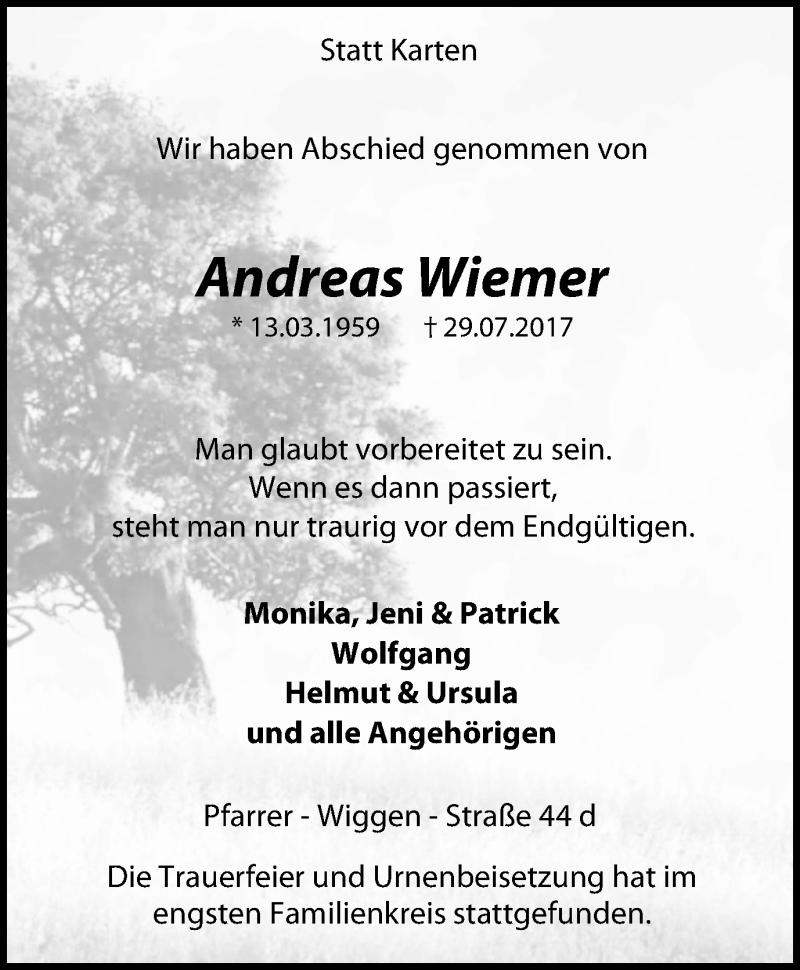 Traueranzeigen Von Andreas Wiemer Trauer In Nrw De