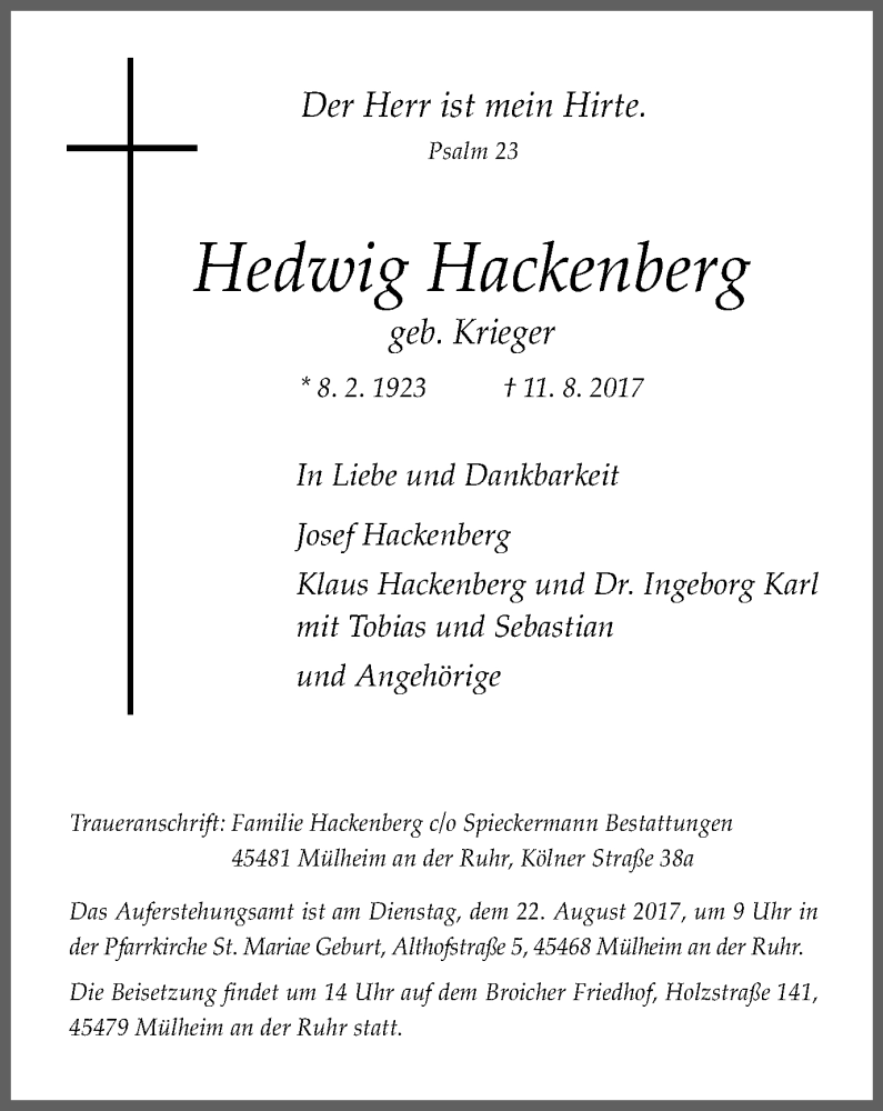 Traueranzeigen Von Hedwig Hackenberg Trauer In Nrw De